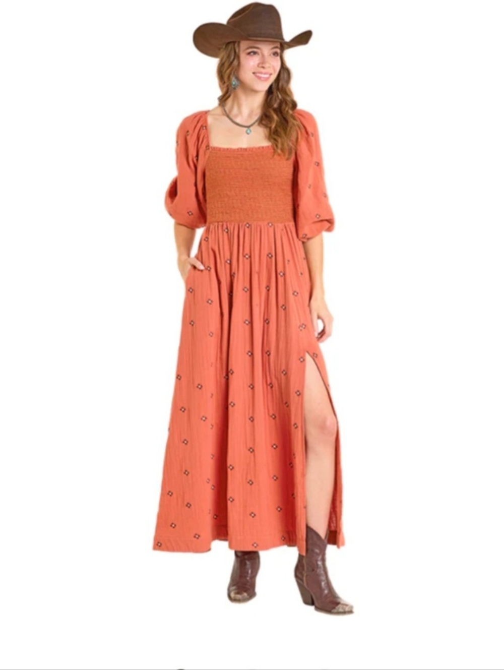 Rock & Roll Denim Ladies Floral Embroidered Rust Western Maxi Dress Size XL NWT